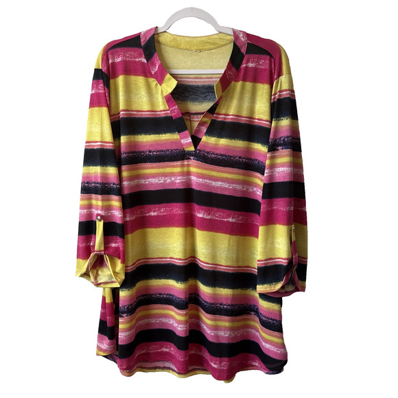 Boho Beach Womens Plus Size 3X Colorful Stripe 3/4 Roll Tab Stretch Tunic Travel - Picture 1 of 7